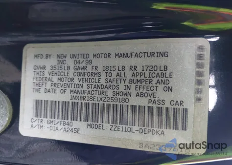 1999 Toyota Corolla Ce from USA, damaged, VIN 1NXBR18E1XZ259180